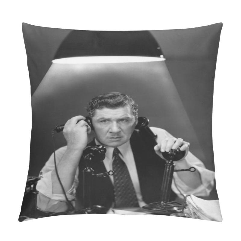 Personality  Man Using Two Telephones Pillow Covers