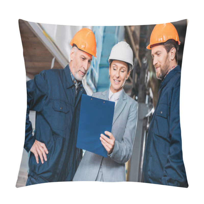 Personality  Male Workers And Female Inspector In Helmets In Warehouse Pillow Covers