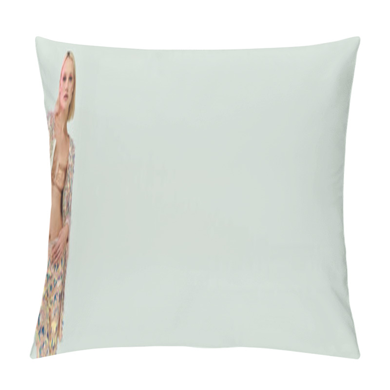 Personality  A Fashionable Young Woman Showcases Her Unique Holographic Look With Confidence. Pillow Covers