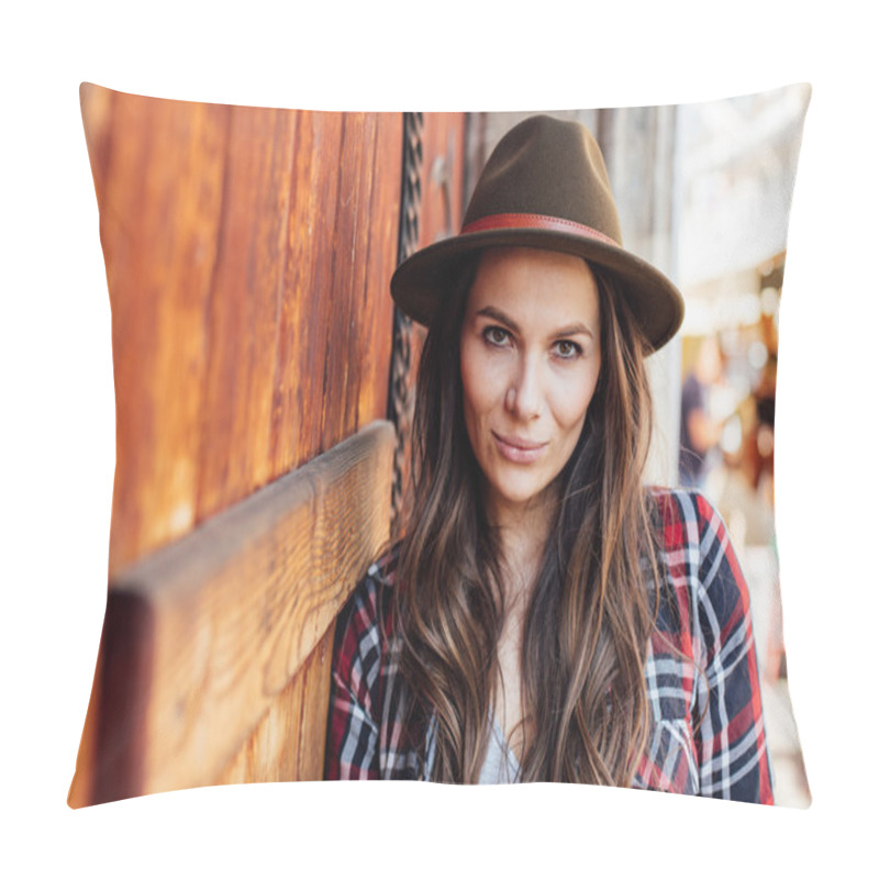 Personality  Young Woman With A Hat Next To An Old Wooden Door  Pillow Covers