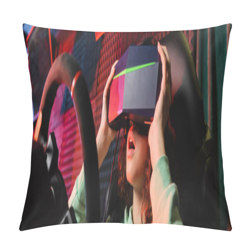 Personality  Amazed African American Girl Adjusting Vr Headset While Gaming On Car Simulator, Banner Pillow Covers