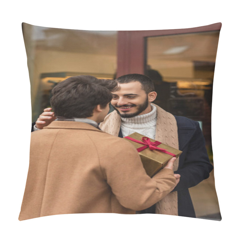 Personality  Pleased Bearded Gay Man Smiling Near Boyfriend With Christmas Gift Box And Blurred Showcase Pillow Covers