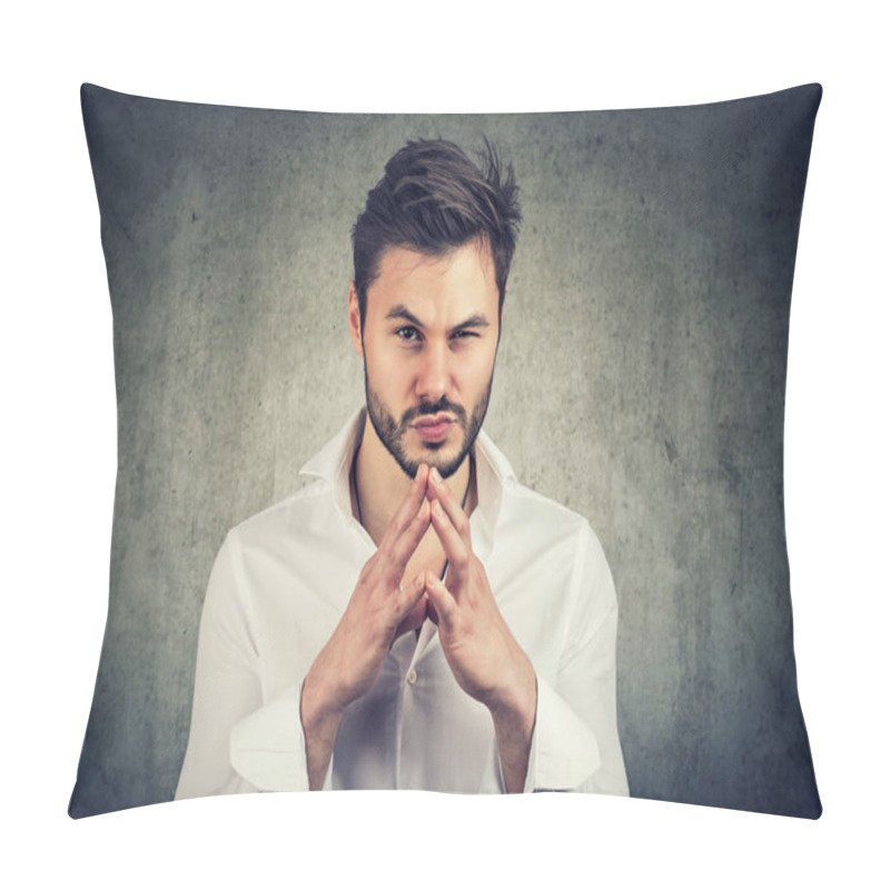 Personality  Young Man Holding Hands Together And Looking At Camera With Thoughts Of Revenge And Jealousy  Pillow Covers