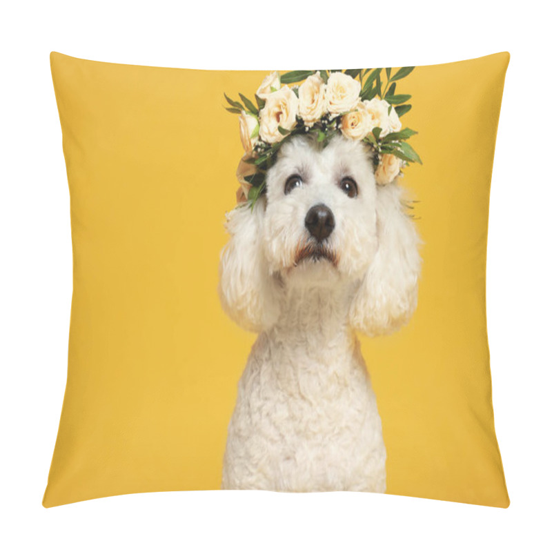 Personality  Adorable Bichon Wearing Wreath Made Of Beautiful Flowers On Yellow Background Pillow Covers