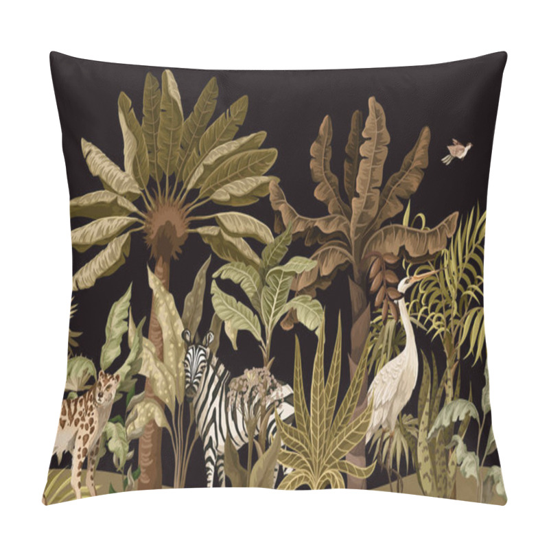 Personality  Border With Jungle Trees And Wild Birds And Animals. Vector. Pillow Covers