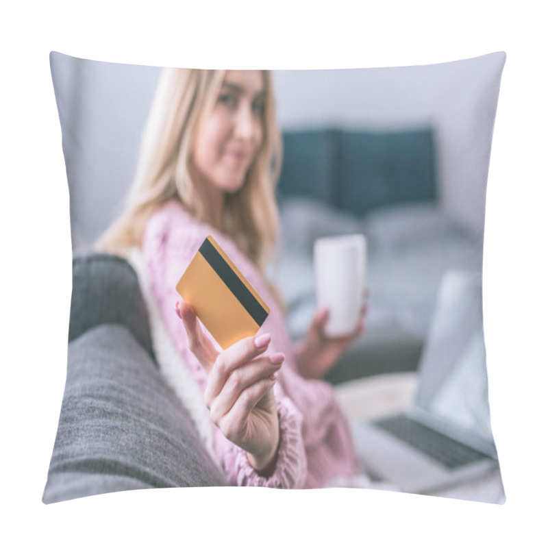 Personality  Selective Focus Of Credit Card In Hands Of Blonde Woman Holding Cup With Drink Pillow Covers