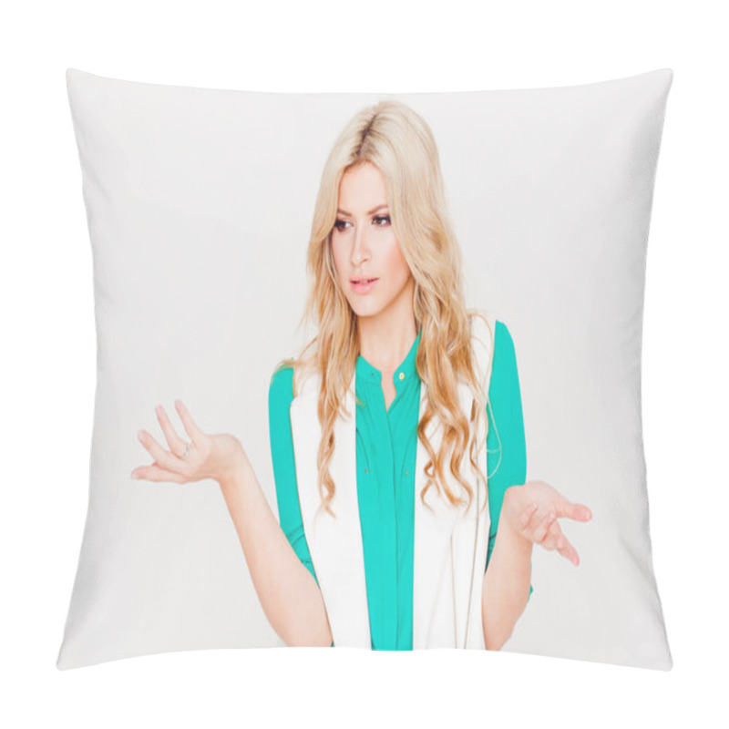 Personality  Portrait Young Happy Blonde, Casual Style, White Background. Emotion Of Puzzling Pillow Covers