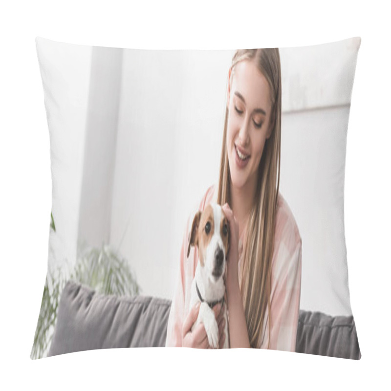 Personality  Smiling Woman Cuddling Jack Russell Terrier At Home, Banner Pillow Covers