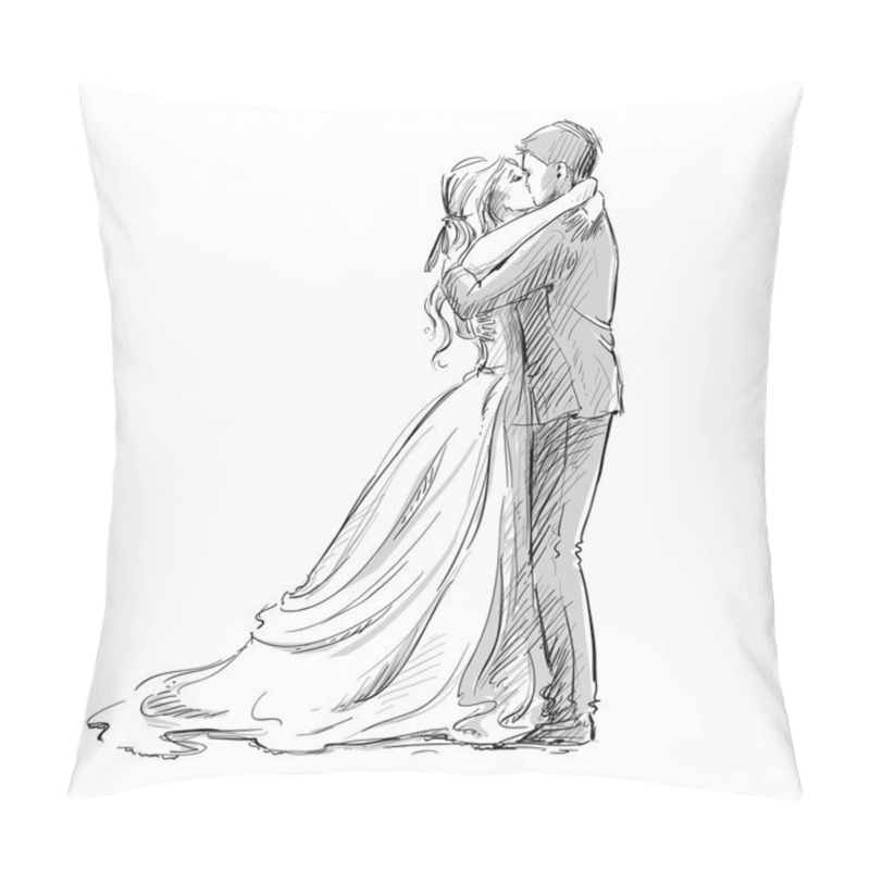 Personality  Wedding Couple Kiss. Newlywed.  Vector Sketch. Pillow Covers