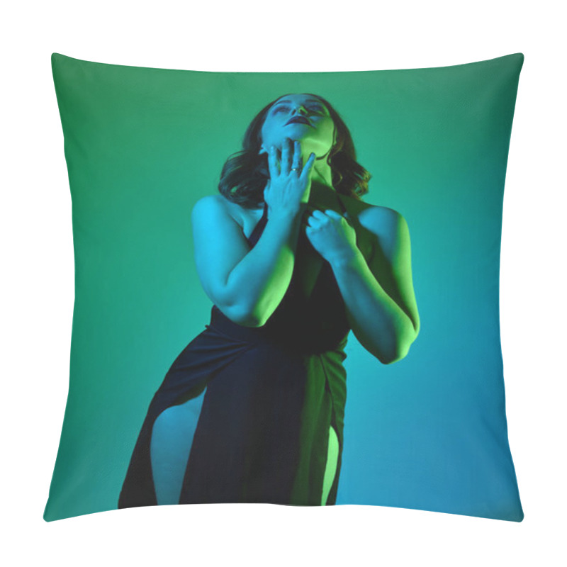 Personality  Close Up Portrait Of Beautiful Woman Model Wearing Elegant Black Dress,  Posing Against A Studio Background With Fantasy Inspired Arm Gestures, Multi Coloured Creative Lighting. Pillow Covers