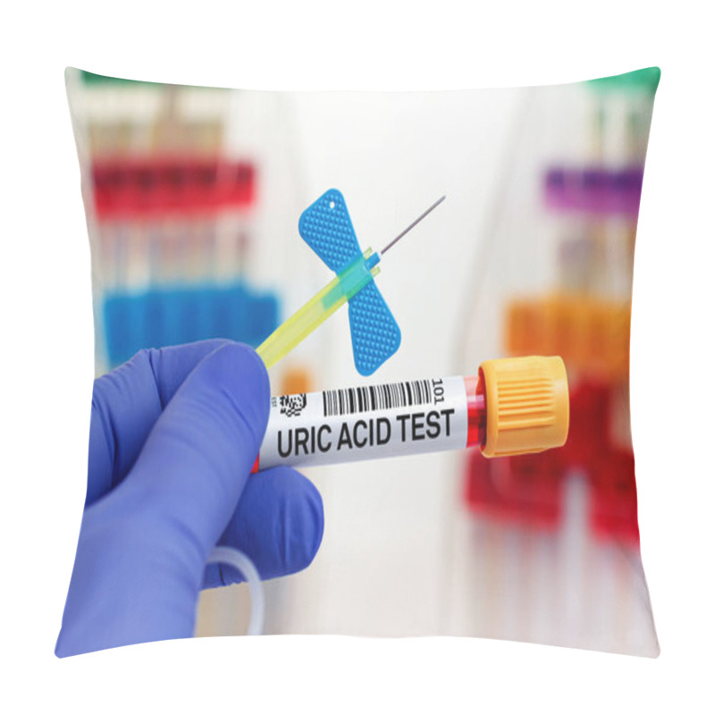 Personality  Blood Sample Of Patient For Analysis Of Uric Acid Test In Laboratory. Doctor With Blood Tube And Needle For Uric Acid Test Pillow Covers