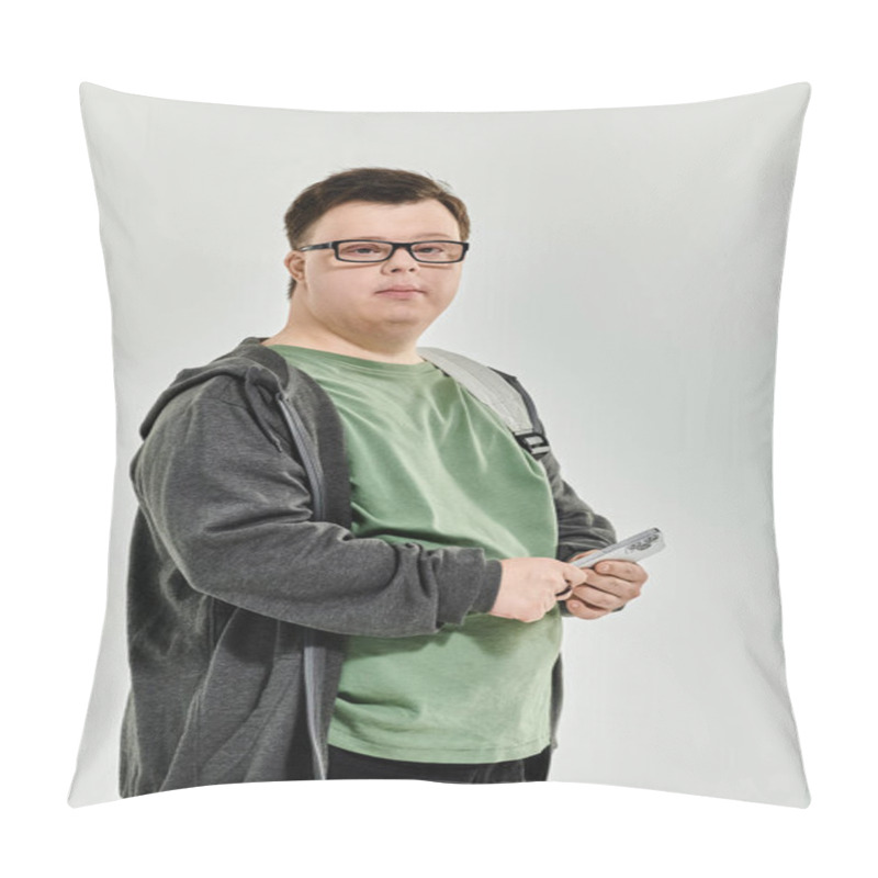 Personality  A Young Man With Down Syndrome Enjoys His Time At Home, Holding A Remote Control. Pillow Covers