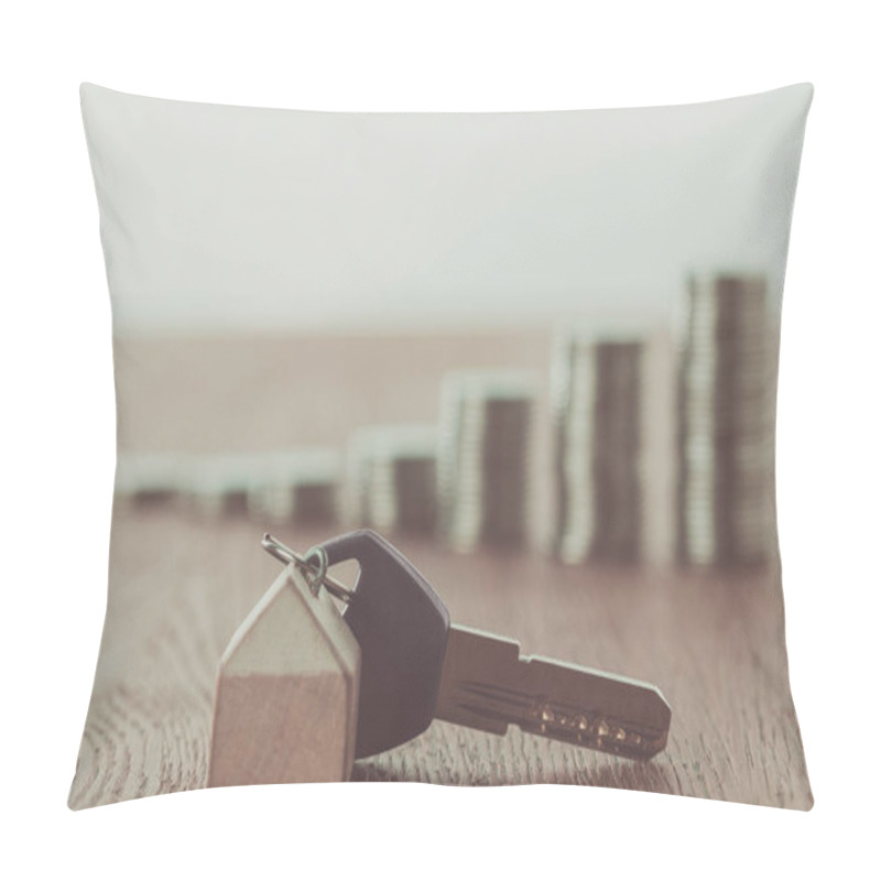 Personality  Key With Trinket Near Stacks Of Coins On Tabletop, Saving Concept Pillow Covers