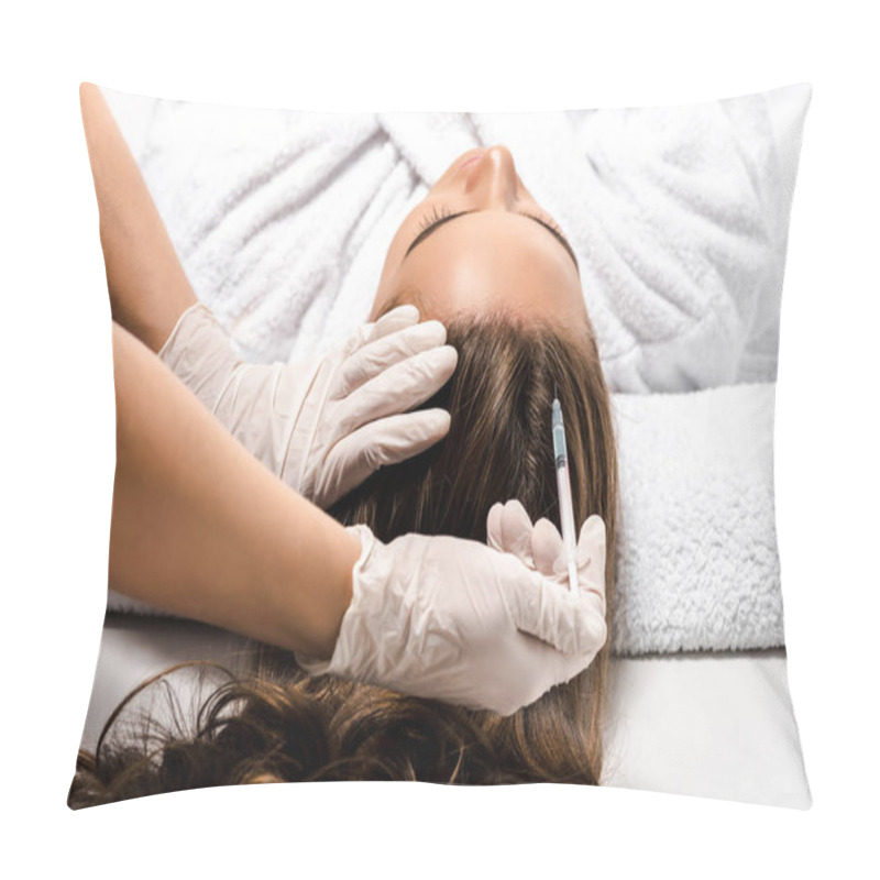 Personality  Cropped View Of Woman Doing Injection With Syringe In Head Of Lying Girl  Pillow Covers