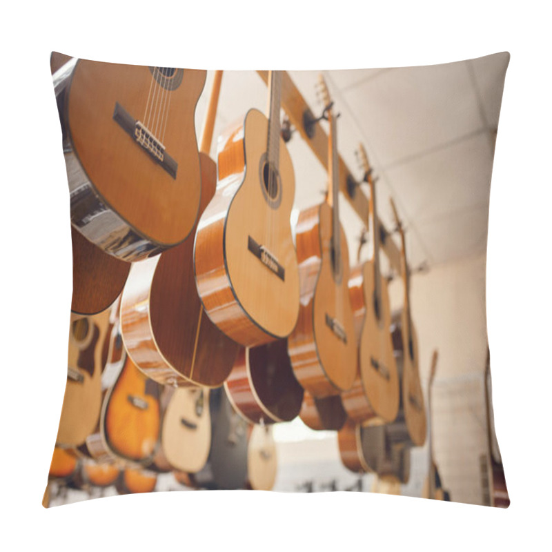 Personality  Rows Of Acoustic Guitars On Showcase In Music Store, Nobody. Assortment In Musical Instrument Shop, Professional Equipment For Musicians And Performers Pillow Covers