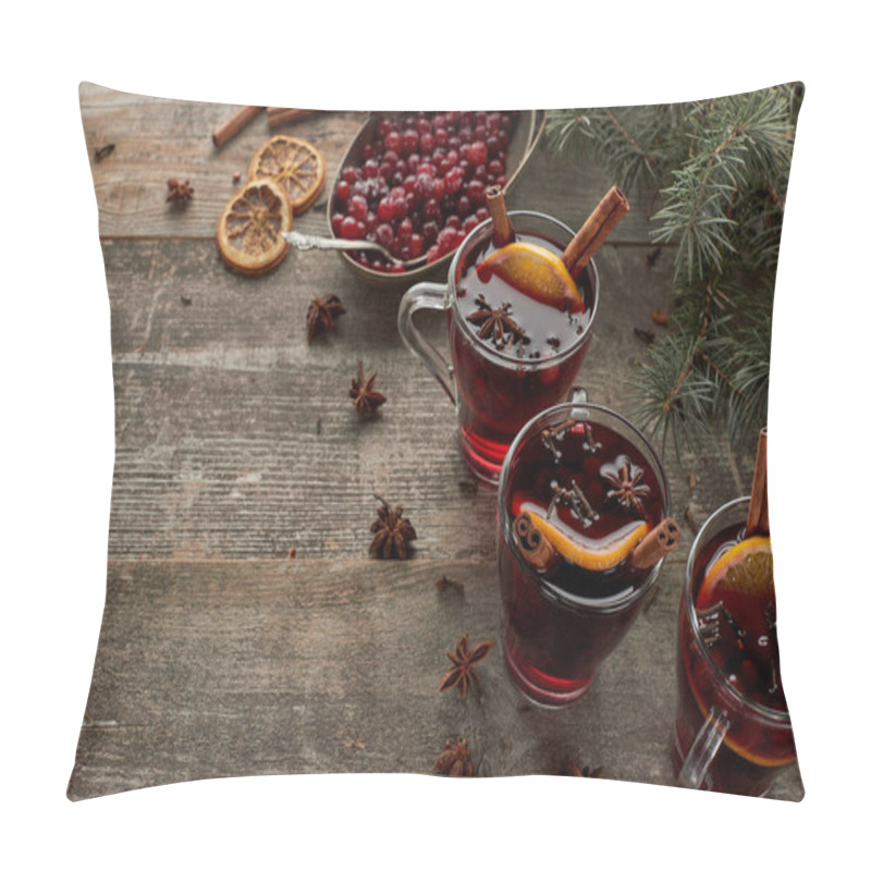 Personality  Red Spiced Mulled Wine Near Fir Branch, Berries, Anise, Orange Slices And Cinnamon On Wooden Rustic Table Pillow Covers