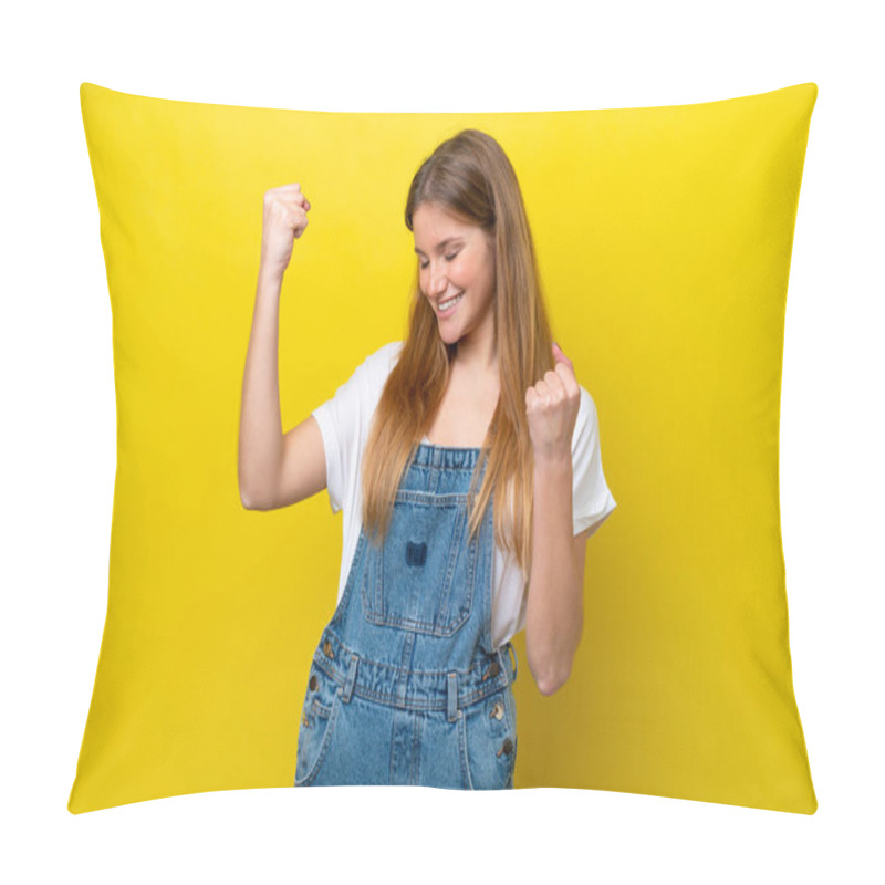 Personality  Young Caucasian Woman Isolated On Yellow Background Celebrating A Victory Pillow Covers