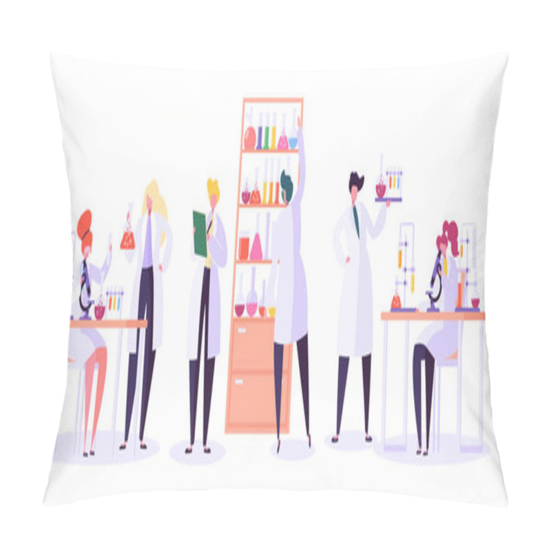 Personality  Pharmaceutic Laboratory Research Concept. Scientists Characters Working In Chemistry Lab With Medical Equipment Microscope, Flask, Tube. Vector Illustration Pillow Covers