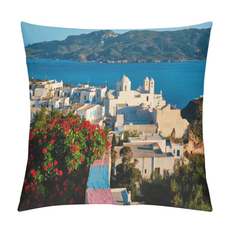 Personality  Picturesque Scenic View Of Greek Town Plaka On Milos Island Over Red Geranium Flowers Pillow Covers