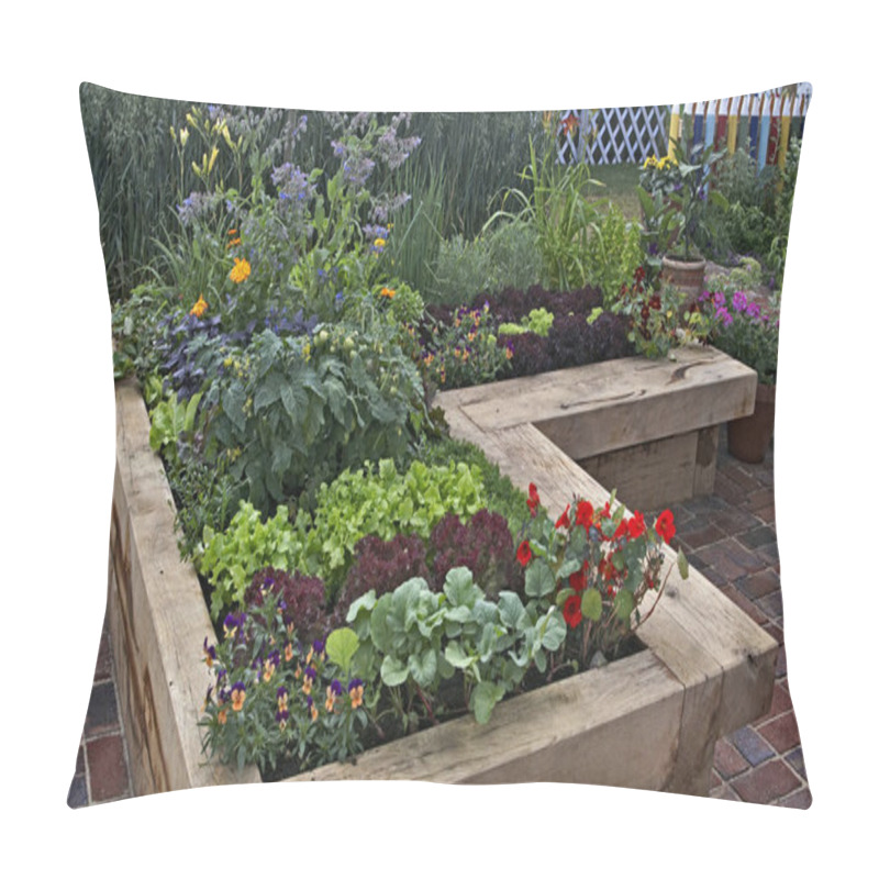 Personality  Raised Vegetable Garden With Borage, Tomatoes, Lettuce And Pansies In A Tiled Space Pillow Covers