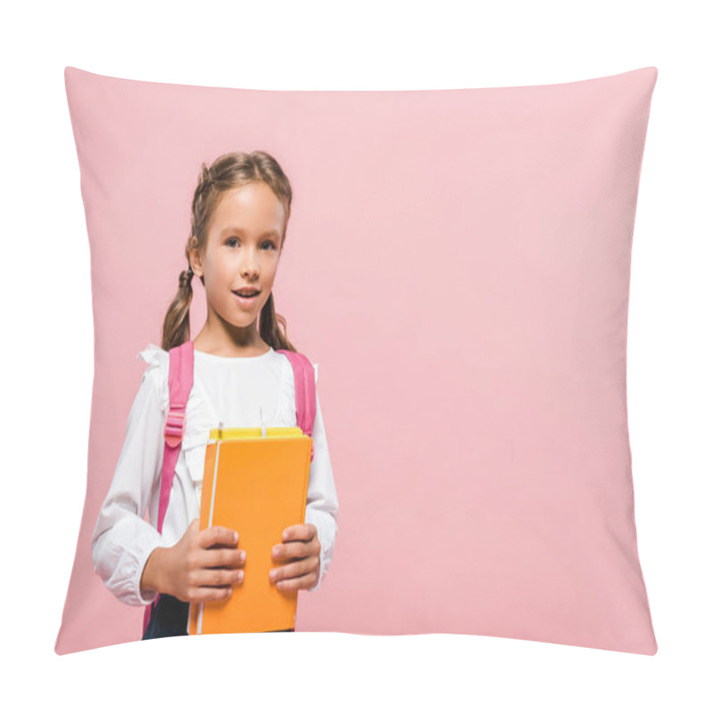 Personality  Happy Kid Holding Books While Standing With Backpack Isolated On Pink  Pillow Covers