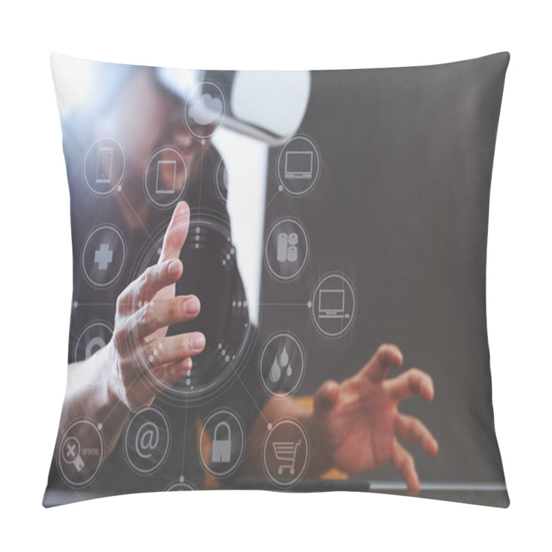 Personality  Businessman Wearing Virtual Reality Goggles In Modern Office Wit Pillow Covers