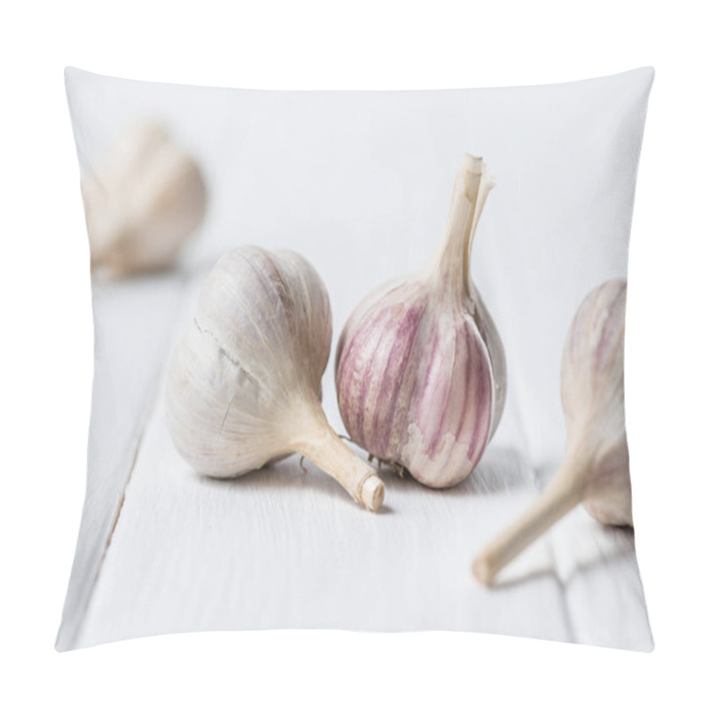 Personality  Ripe Garlic Heads On White Wooden Table Pillow Covers