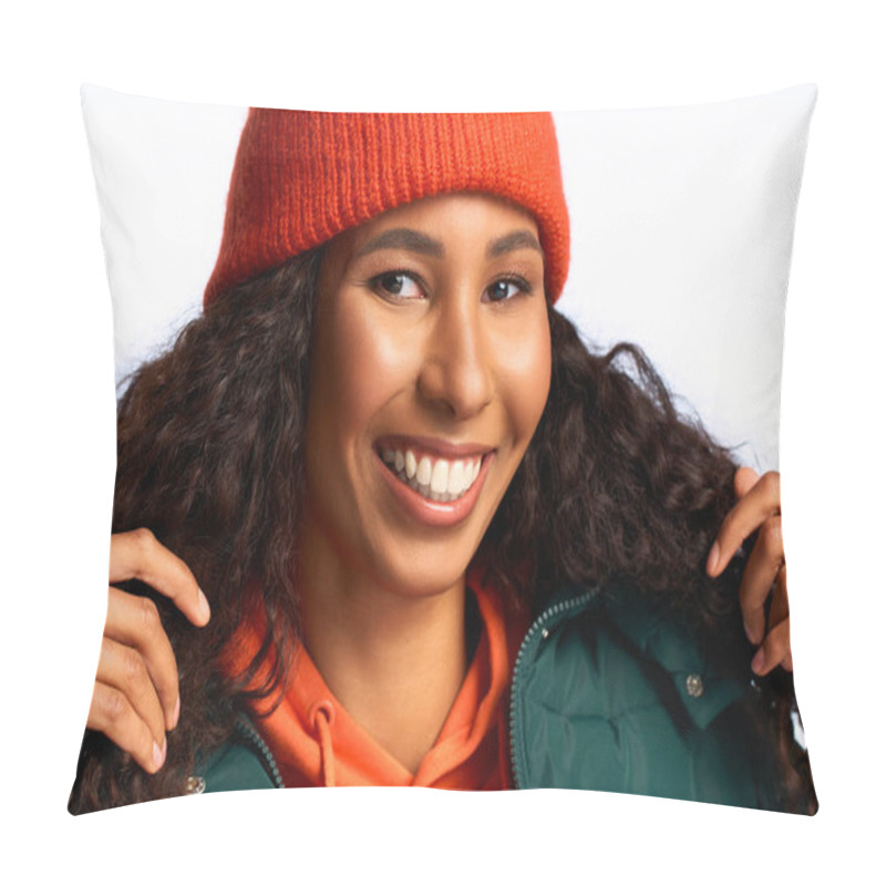 Personality  Joyful Woman With Curly Hair Wears An Orange Hat And Green Jacket, Radiating Warmth And Happiness. Pillow Covers