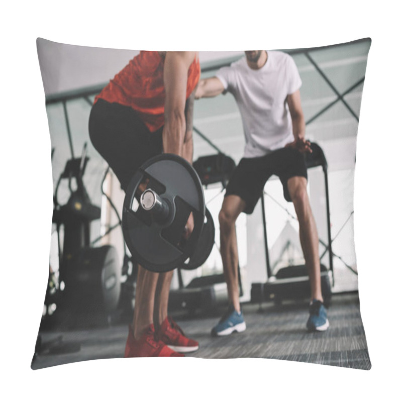 Personality  Cropped View Of Trainer Supporting American Sportsman Lifting Barbell Pillow Covers