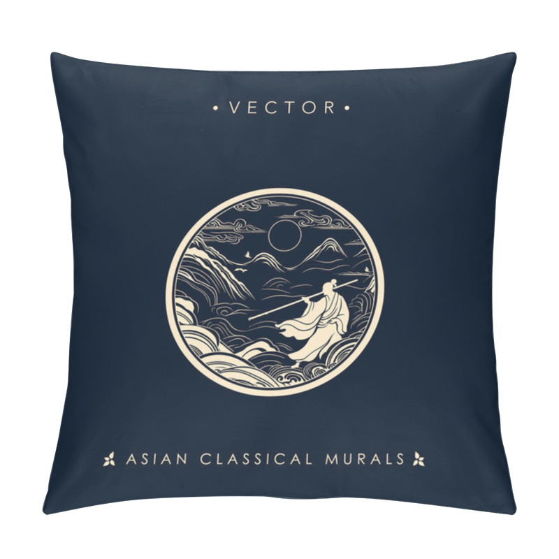 Personality  Mystical Asian Moonlit Landscape Vector Mural Pillow Covers