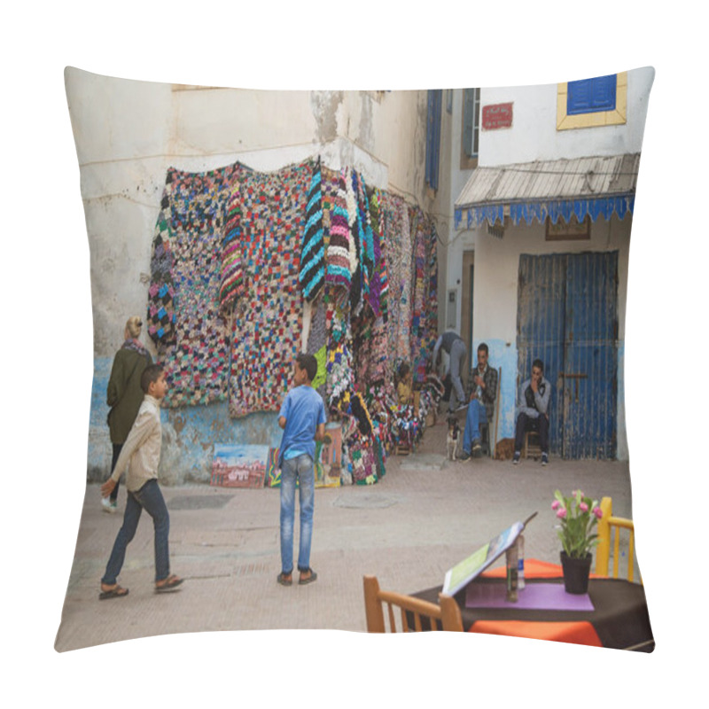 Personality  Essaouira, Morocco - 22 April 2017: Carpets Hung On The Wall For Sale On The Streets Of The Medina, The Photo Was Taken In Essaouira In Morocco Pillow Covers