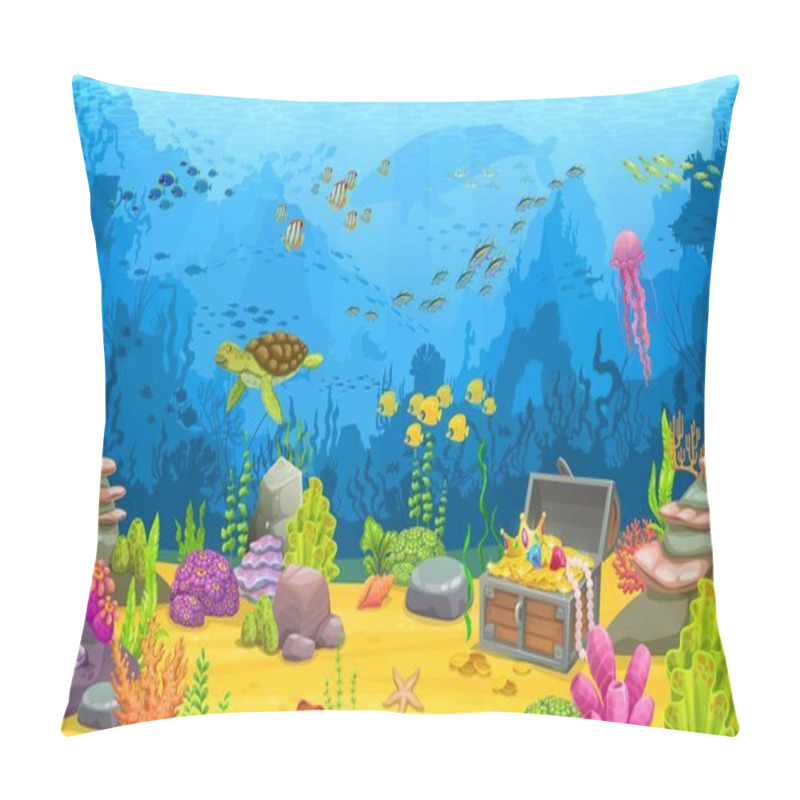 Personality  Cartoon Underwater Landscape With Treasure Chest And Sea Animals. Coral Reef Water World Scene, Aquatic Life Vector Background With Turtle, Fish Shoal, Seaweed And Gold In Chest On Ocean Bottom Pillow Covers