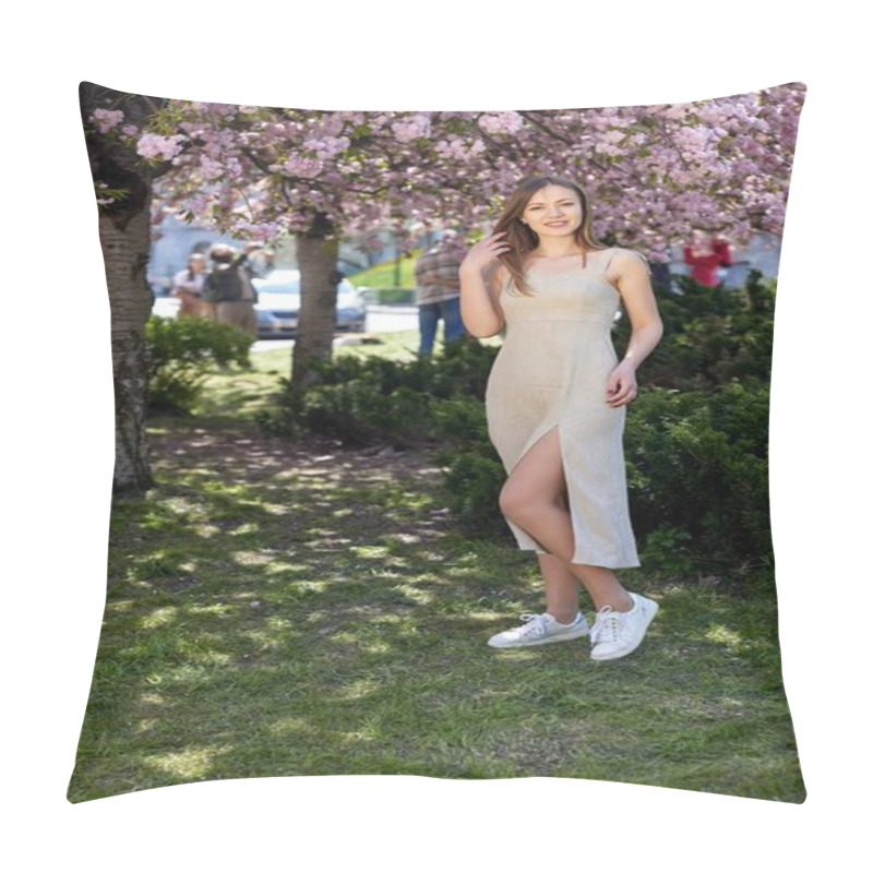 Personality  Cherry Trees, Blossoming Trees, Woman Park. Dressed Lightly, Young Woman Stands Under Cherry Blossoms In Park, Surrounded By Vibrant Spring Foliage And Warm Sunlight. Pillow Covers