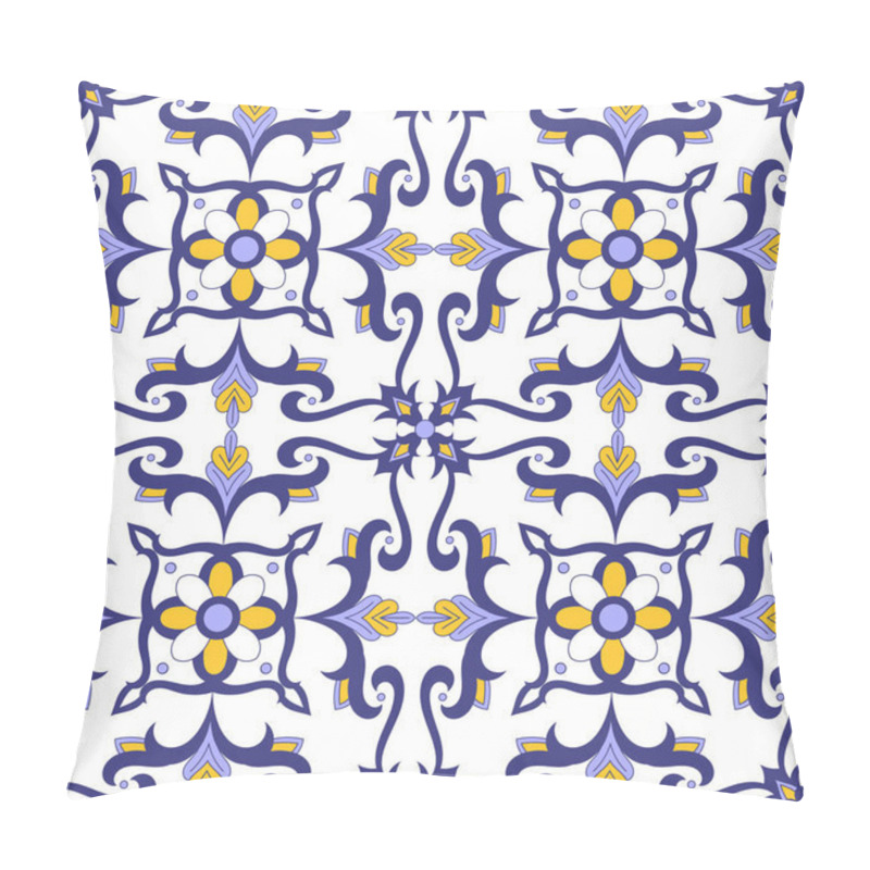 Personality  Portuguese Tile Pattern Vector Seamless With Flowers Motifs. Italian, Portugal Azulejo, Mexican Talavera, Moroccan, Spanish Majolica Design. Moorish Tiled Print For Tablecloth, Background Or Ceramic. Pillow Covers