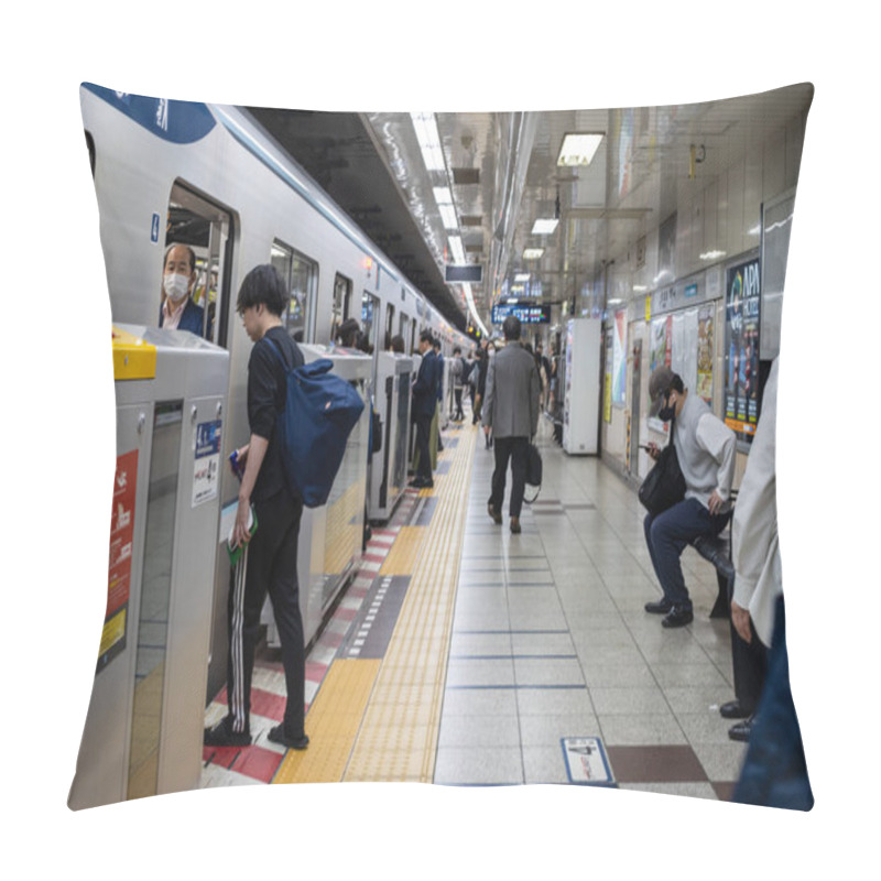 Personality  Tokyo, Japan, 2 November 2023: Passengers Boarding A Train At A Tokyo Subway Station Pillow Covers