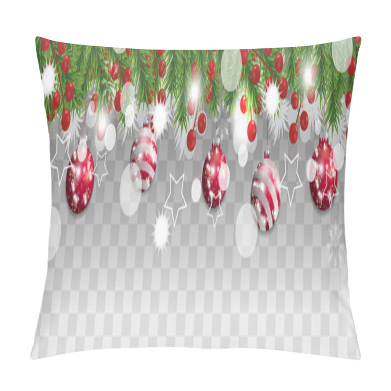 Personality  Christmas And Happy New Year Border Of Christmas Tree Branches With Red Balls And Holly Berries On Transparent Background. Holidays Decoration. Vector Illustration. Pillow Covers