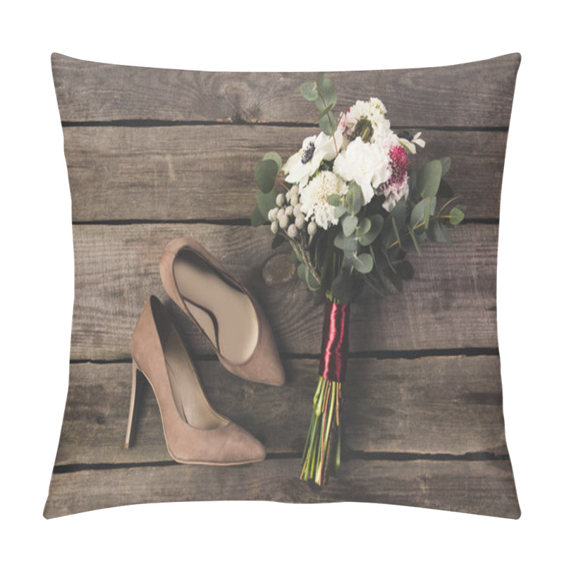 Personality  Flat Lay With Bridal Shoes And Beautiful Bouquet On Wooden Tabletop Pillow Covers