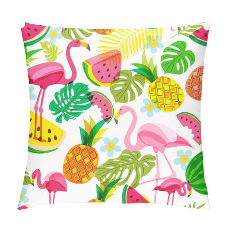 Personality  Vector Seamless Tropical Pattern With Pink Flamingo, Palm Leaves, Watermelon And Pineapples. Summer Tropical Illustration. Trendy Design For Summer Fashion Textile Prints And Backgrounds. Pillow Covers