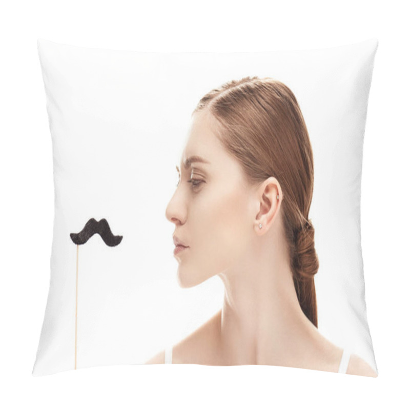 Personality  Young Woman With Fake Moustache  Pillow Covers