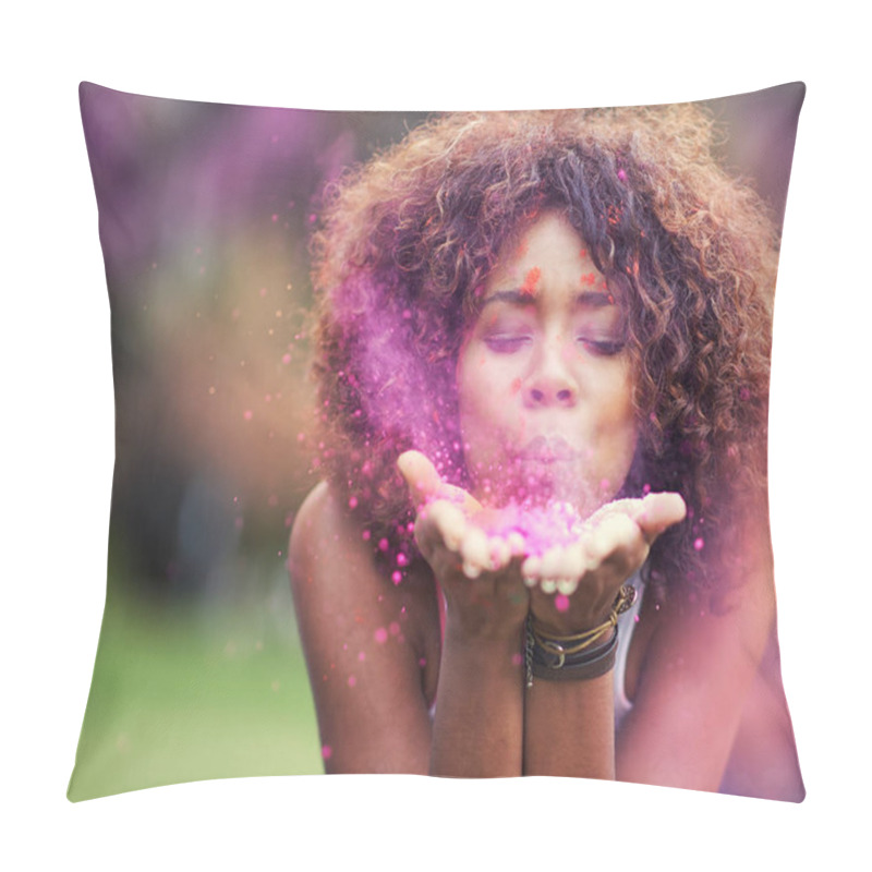 Personality  Painting The World Pink. Shot Of An Attractive Young Woman Blowing Purple Paint Powder At The Camera. Pillow Covers