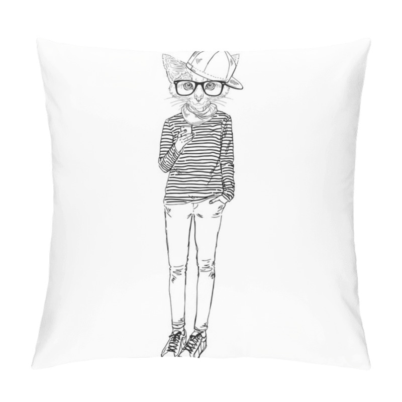 Personality  Cat Teen Girl In Stripy Top With Mobile Pillow Covers