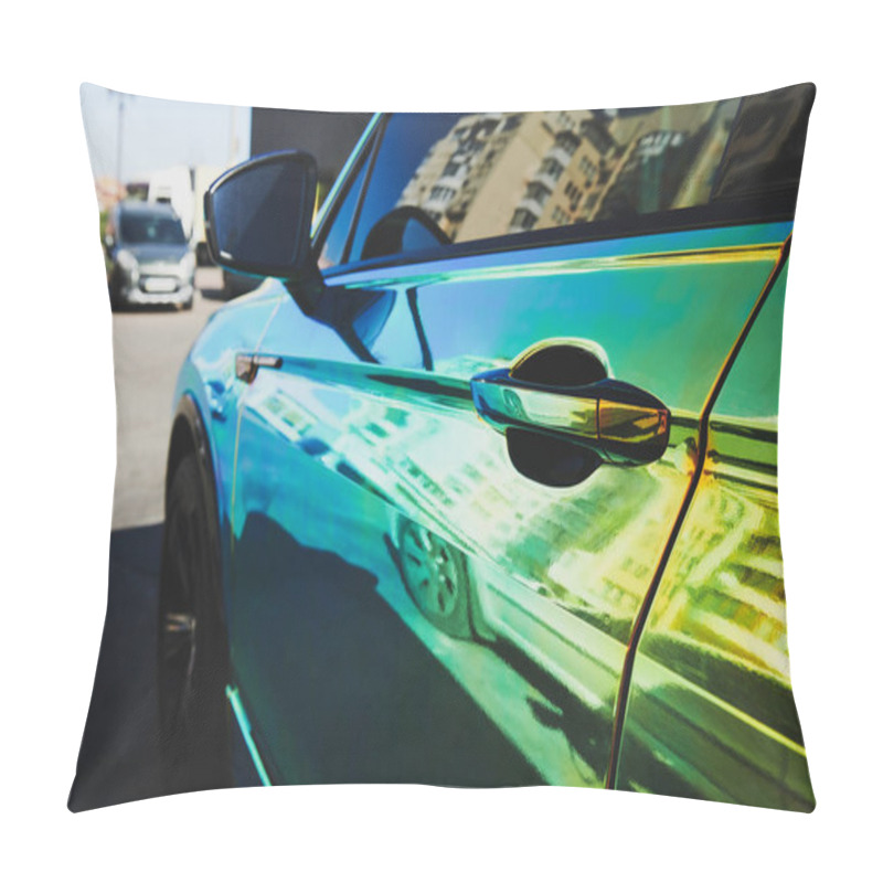 Personality  Chameleon Holographic Colour Car. Side View. Driver's Door Closeup. Car Wrapping. Car Exhibition. Pillow Covers