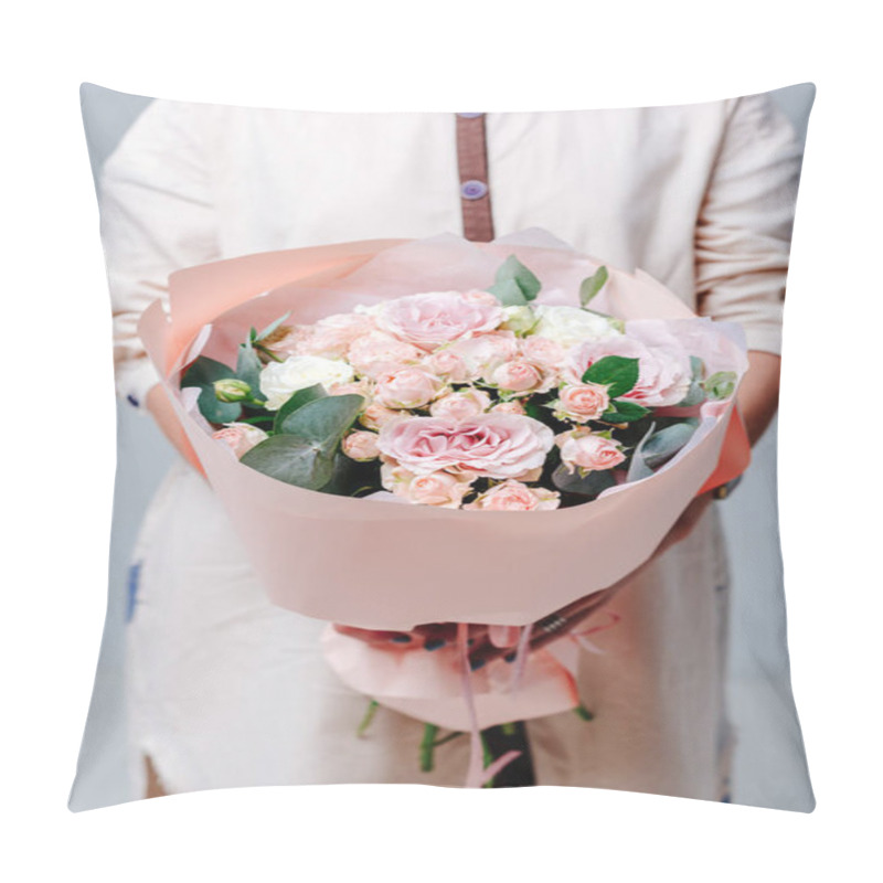 Personality  Bouquet Of Flowers In Pink Package In The Hands Of A Woman Florist. Rose, Spray Rose, Eucalyptus. Pillow Covers