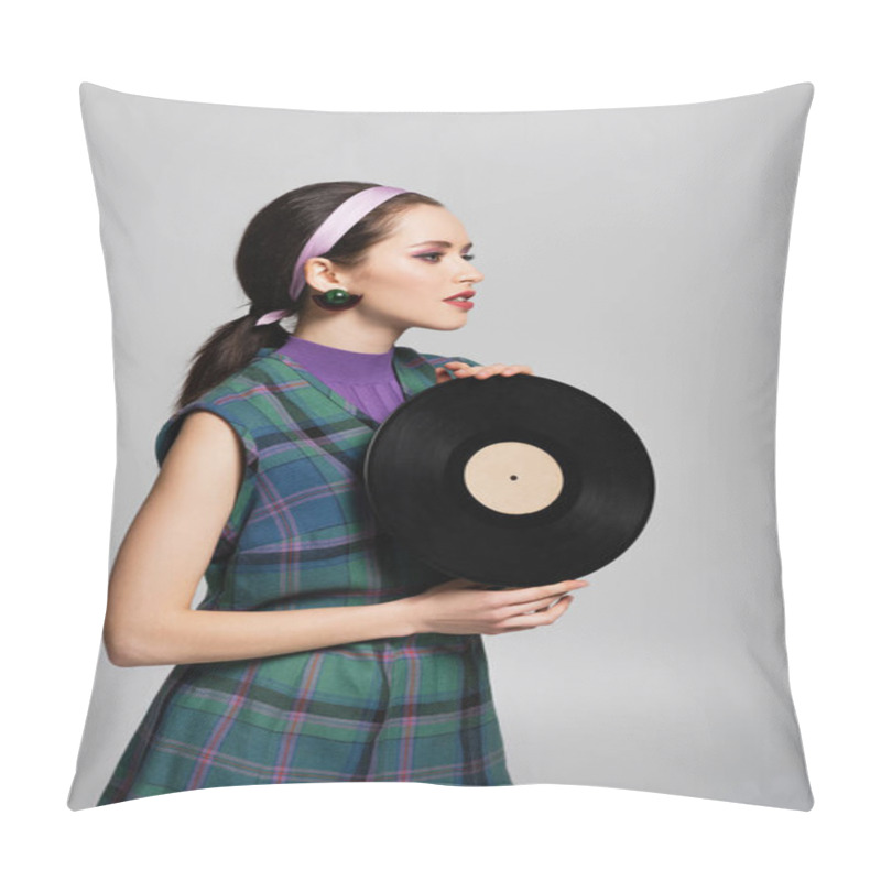 Personality  Young Brunette Woman In Headband Holding Retro Vinyl Disc Isolated On Grey Pillow Covers