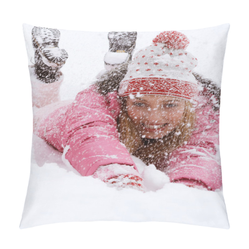 Personality  Young Woman Falling Down In The Snow Pillow Covers