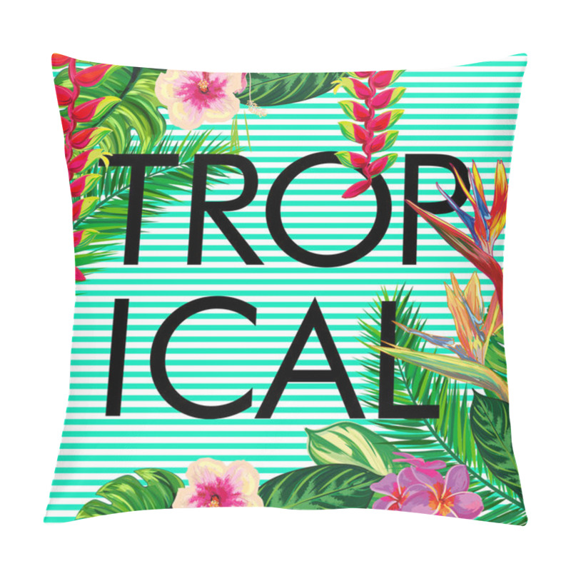 Personality  Tropical Composition - Text, Flowers, Palm Leaves, Strips. Beautiful Vector Floral Jungle Background, Exotic Print.  Illustration. Pillow Covers