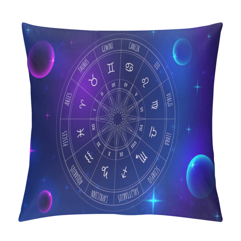 Personality  Astrology Wheel With Zodiac Signs On Outer Space Background. Mystery And Esoteric. Star Map. Horoscope Vector Illustration. Spiritual Tarot Poster. Pillow Covers