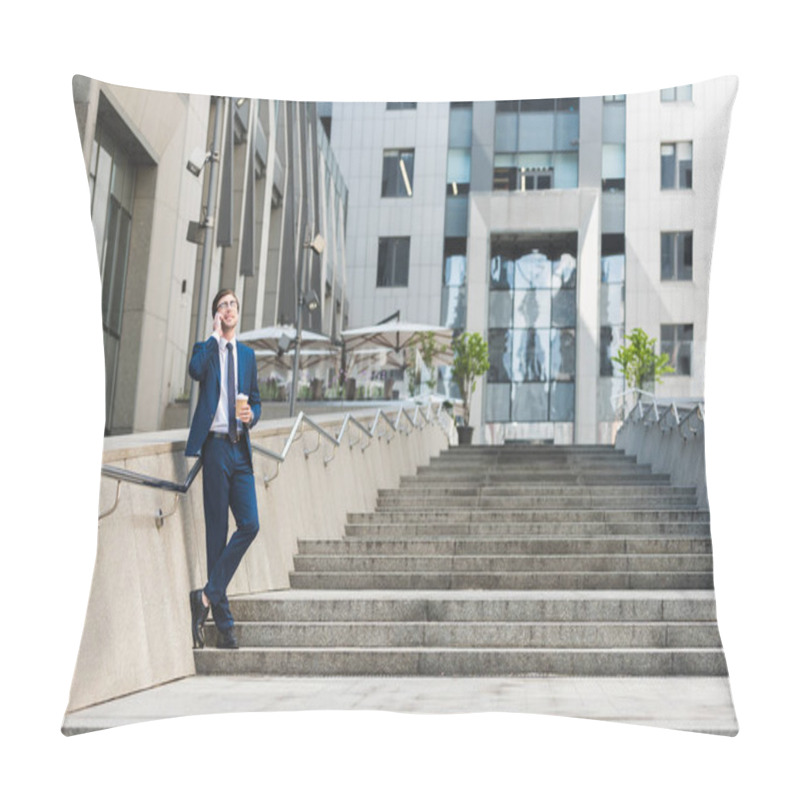 Personality  Handsome Young Businessman In Stylish Suit With Coffee To Go Talking By Phone On Stairs Near Business Building Pillow Covers