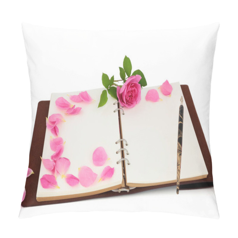 Personality  Valentines Day Romantic Composition With Pink Rose, Loose Petals,  Leather Bound Notebook And Old Ink Pen On White Background With Copy Space For Text. Pillow Covers