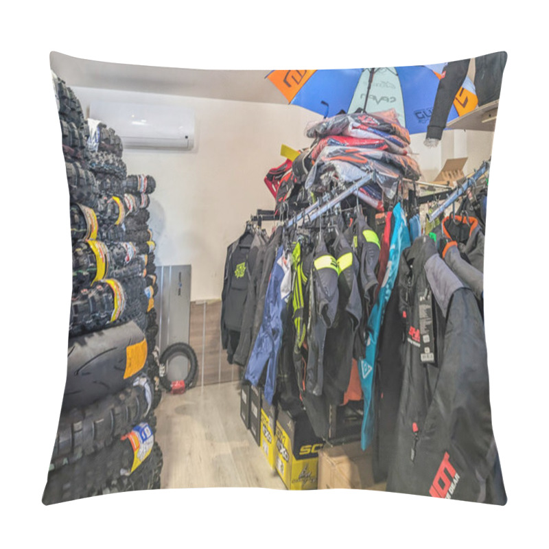 Personality  France, 13 August 2024: Store Interior Displaying Motorcycle Gear And Tires Pillow Covers